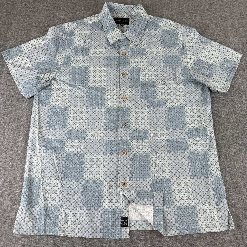 Lucky Brand Button Up Shirt Mens Medium Blue Geometric Print Cotton Viscose